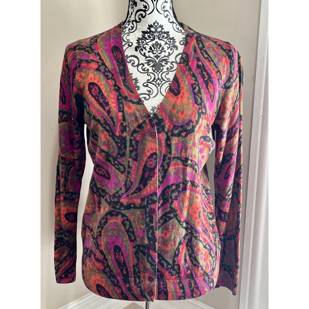 Talbots Merino Wool Cardigan Sweater Womens LP Purple Paisley Lightweight Y2K